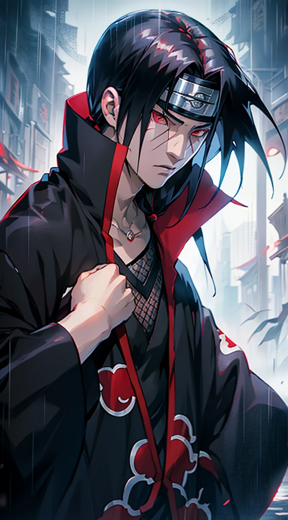 1man with a black hair and red eyes, itachi uchiha, itachi, akatsuki akira, sasuke uchiha, madara uchiha, yuyushiki, from naruto, inspired by Chen Jiru, sherigan eyes,midjourney art,detailed face,wearing akatsuki dress,he's very menacing and evil,naruto anime character Itachi, rainy, black theme, stunning look, detailed face,4k anime wallpaper,digital render, anime style 4 k