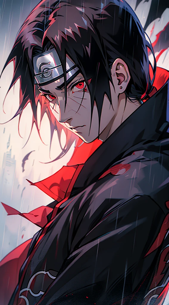 1man with a black hair and red eyes, itachi uchiha, itachi, akatsuki akira, sasuke uchiha, madara uchiha, yuyushiki, from naruto, inspired by Chen Jiru, sherigan eyes,midjourney art,detailed face,wearing akatsuki dress,he's very menacing and evil,naruto anime character Itachi, rainy, black theme, stunning look, detailed face,4k anime wallpaper,digital render, anime style 4 k