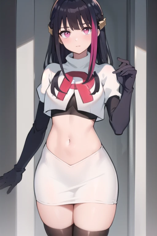 rouge redstar,1girl, black hair, solo, long hair, pink eyes,ear ornament, streaked hair, blunt bangs, looking at viewer,cowboy shot, team rocket,team rocket uniform,white skirt,red letter R,crop top,black thigh-highs,black elbow gloves, (best quality, masterpiece),