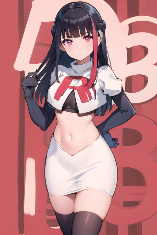 rouge redstar,1girl, black hair, solo, long hair, pink eyes,ear ornament, streaked hair, blunt bangs, looking at viewer,cowboy shot, team rocket,team rocket uniform,white skirt,red letter R,crop top,black thigh-highs,black elbow gloves, (best quality, masterpiece),