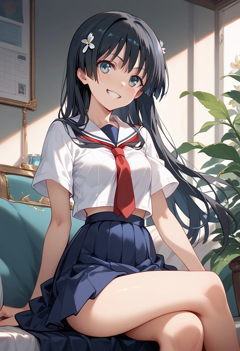 ((masterpiece,High resolution,Highest quality,8k))
(A Certain Scientific Railgun,Saten Ruiko)(14-year-old female,Long Black Hair,Small breasts,Slim body,Flower Hairpin)
(White Sailor Suit,Red tie,Blue Skirt)Sitting with legs crossed,White panties,Grin