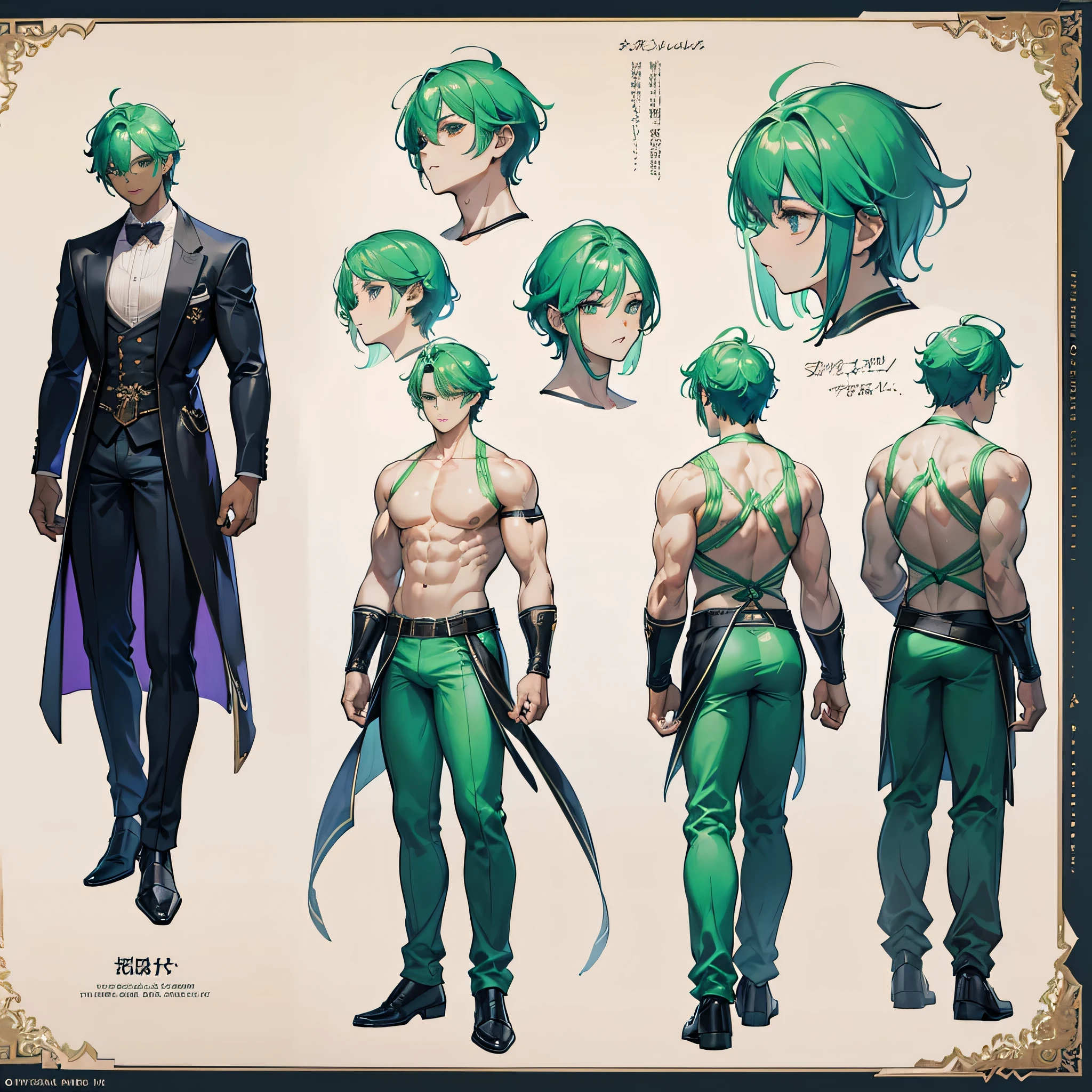 (Masterpiece, best quality), detailed, 1 man, ((character concept art)), ((character design sheet, same character, front, side, back)), full body, body complete, 1 Male angel, 1 Man angel, Detailed face, character design sheet,full bodyesbian, Highly detailed, character sheet, character design, Many parts, dark skin, angel wings, short green hair, angel outfit, muscle male god, male clothes, masculine, muscle man, male muscle, manly, male angel, Muscle male short green hair,beautiful man, beautiful muscle man, abs, pectoral muscle