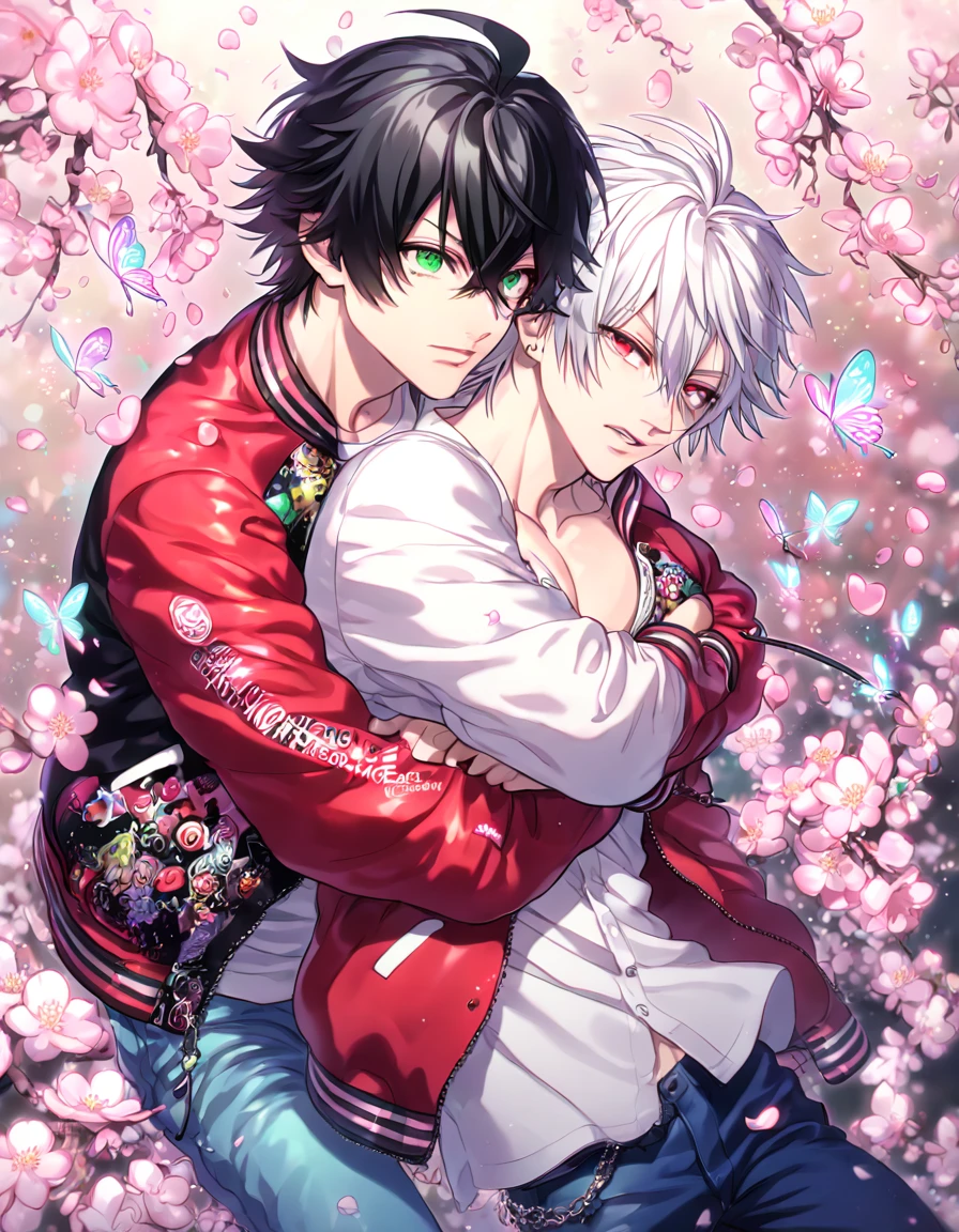 absurdres, highres, ultra detailed, HDR, master piece, best quality, extremely detailed, Aohitsugi Samatoki, chin length white hair, expressive red eyes, long eyelashes, Hypnosis Mic, Yamada Ichiro, chin length black hair, expressive green eyes, white shirt, unbuttoned, red varsity jacket, blue pants, two ???? men hugging, yaoi, gay couple, handsome, magical, fantasy, pink cherry blossoms, pink butterflies, pink petals, pink flowers