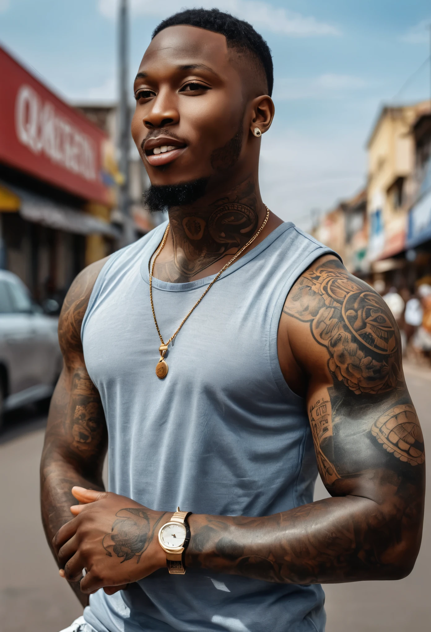 (man, 20s, from ghana, dancer), young handsome man, large mouth, wide mouth, thick lips, large nose, big nose, black skin, tattooed arms, street style, profile photo, upper body shot, ((high-quality, hyper realistic, photorealistic, 8K, best quality, 4k, highres, masterpiece:1.5)), ultra-detailed, (realistic, photorealistic, photo-realistic:1.3), HDR, UHD, ultra-fine painting, sharp focus, physically-based rendering, extreme detail description, professional,