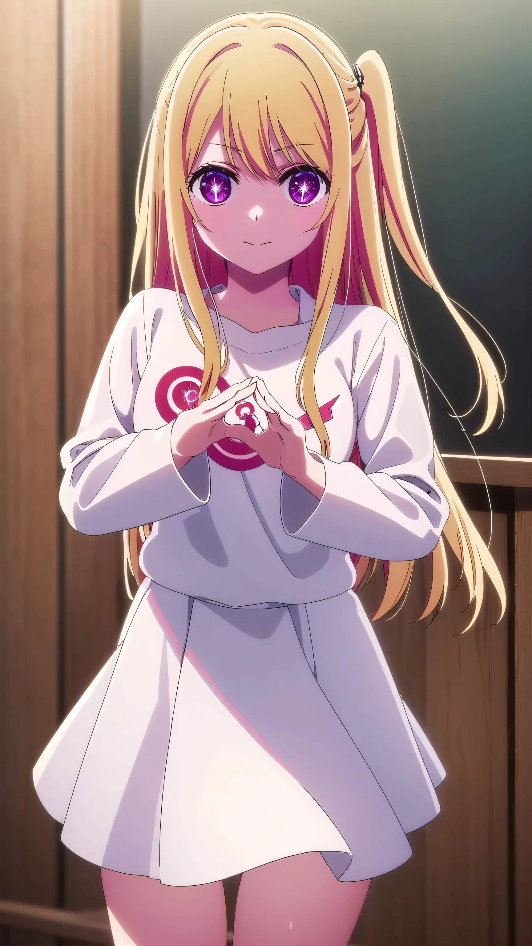 aihoshino, Ai Hoshino, Long Hair, bangs, (Ruby eyes:1.1), Yellow-colored hair, ((Symbol-shaped pupil:1.5)), smile,
break long sleeves, White shirt, ribbed White shirt キャミソール, White Camisole,Black mini skirt,
break indoors,
break looking at viewer, (Cowboy Shot:1.5),
break (masterpiece:1.2), Highest quality, High resolution, unity 8k wallpaper, (figure:0.8), (Beautiful attention to detail:1.6), Highly detailed face, Perfect lighting, Highly detailed CG, (Perfect hands, Perfect Anatomy),