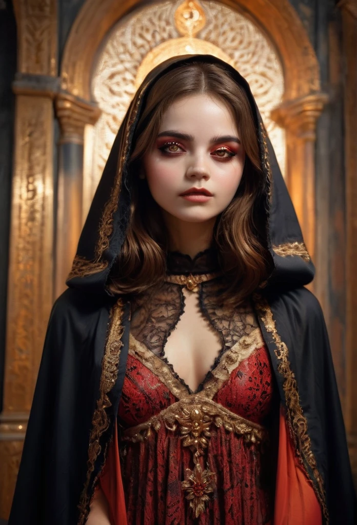 A beautiful young girl , religious woman wearing a cloak, fair skin Makeup, black stripes embroidered on the eyes , realisitic , background red, scar on the face, dress with golden lace ,arco de sol ao fundo , delalhes no rosto e na pele , vestido preto,