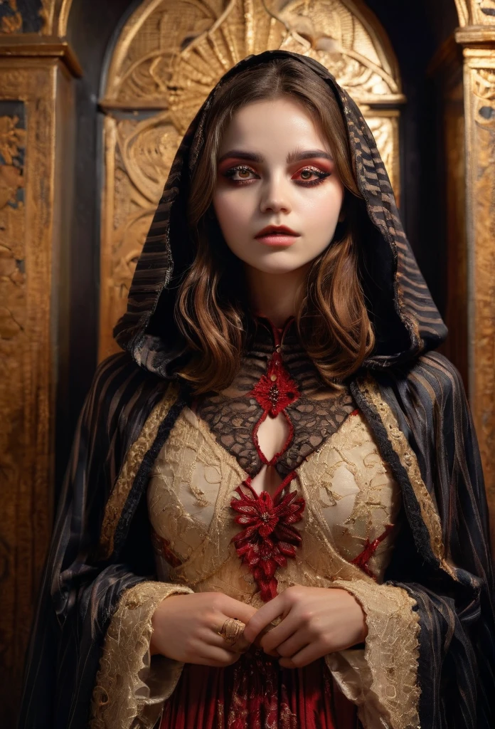 A beautiful young girl , religious woman wearing a cloak, fair skin Makeup, black stripes embroidered on the eyes , realisitic , background red, scar on the face, dress with golden lace ,arco de sol ao fundo , delalhes no rosto e na pele , vestido preto, 