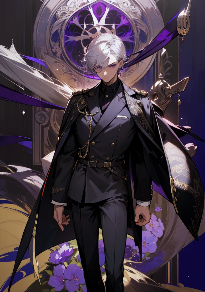 ((best quality)), ((masterpiece)), (detailed), 1male, Elegant man, mature face, serious face, purple pupils, detailed eyes, perfect eyes, perfect face, short silver hair, detailed hair. (top quality, 8k, high, masterpiece), standing proudly, black military uniform, sword, weapon, best quality, best resolution, black aura, best lighting.