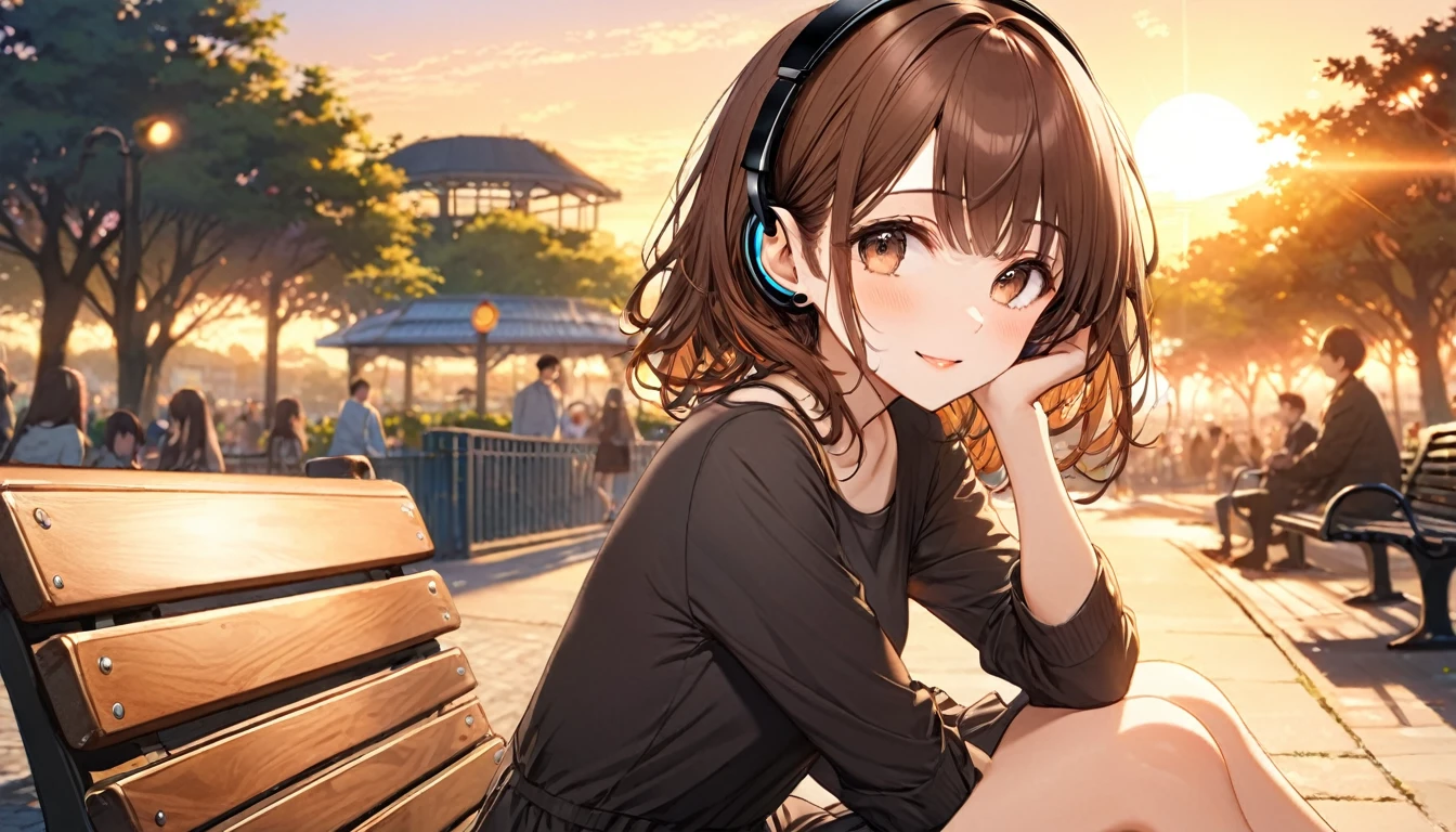 Brown-haired girl wearing headphones、Twilight Park - Very detailed、masterpiece, Highest quality, Bright expression - Sunset park in the background、Relaxed facial expression、Casual dress、Sitting on a bench watching the sunset 、Cowboy shot or close-up