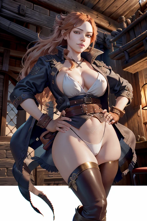 ((SFW))a highly detailed fantasy female pirate portrait, long flowing orange hair, refined facial features, playful smile, confident eyes, tall figure, a two-piece fantasy pirate style coat in yellow as the main color, complemented by red details, long protective wrist gloves, a golden belt at the waist with a short sheath, leather pants, knee-high boots, standing with hands on hips in front of a fantasy medieval-style port tavern, this character embodies a finely crafted fantasy female pirate in an exquisite anime-style manga art, high definition, best quality, high resolution, ultra-detailed, ultra-fine painting, extremely delicate, professional, anatomically correct, symmetrical face, extremely detailed eyes and face, high quality eyes, creativity, RAW photo, Ultra HD, 8K, natural lighting, cinematic lighting, art-anatomy-perfect, art:1.5((SFW))