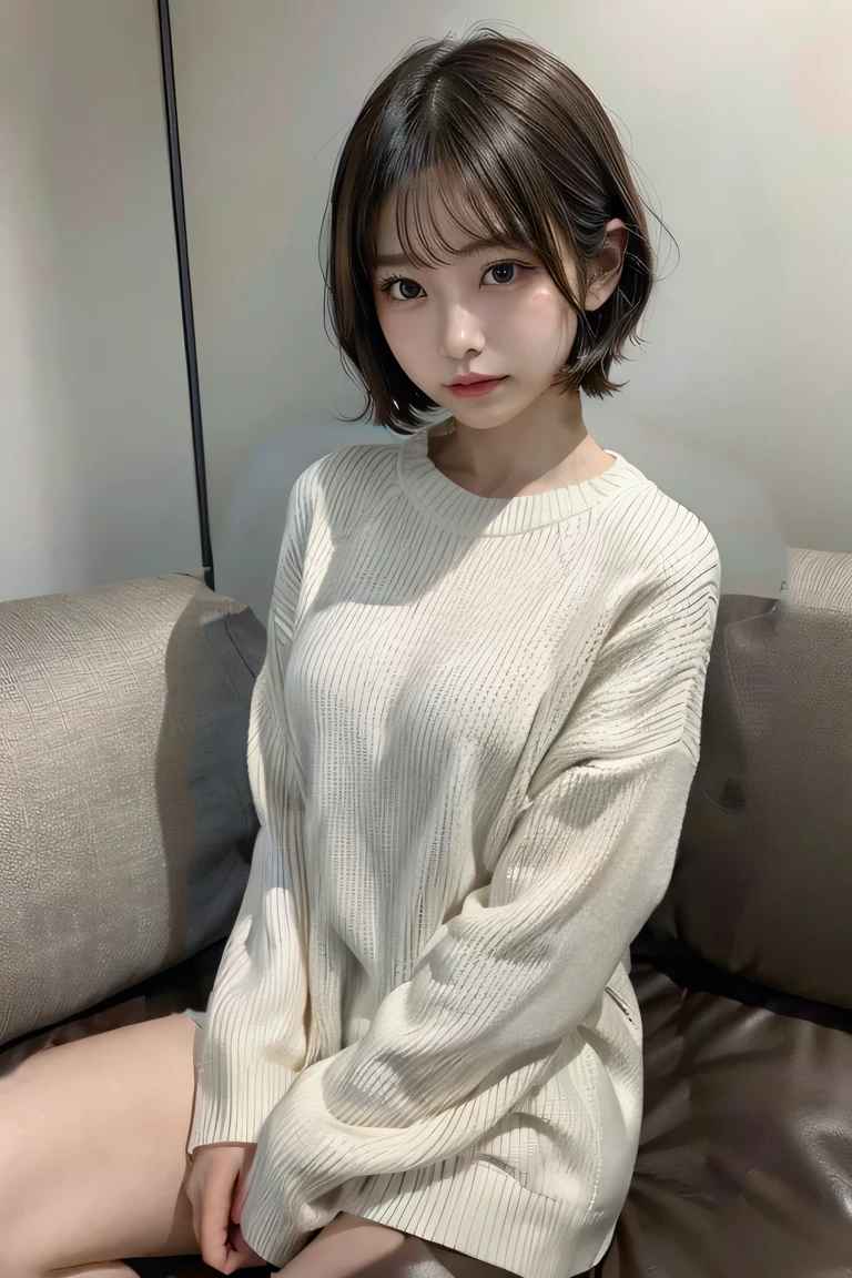 Brown Bob Short Hair、Wearing a white long-sleeved knit