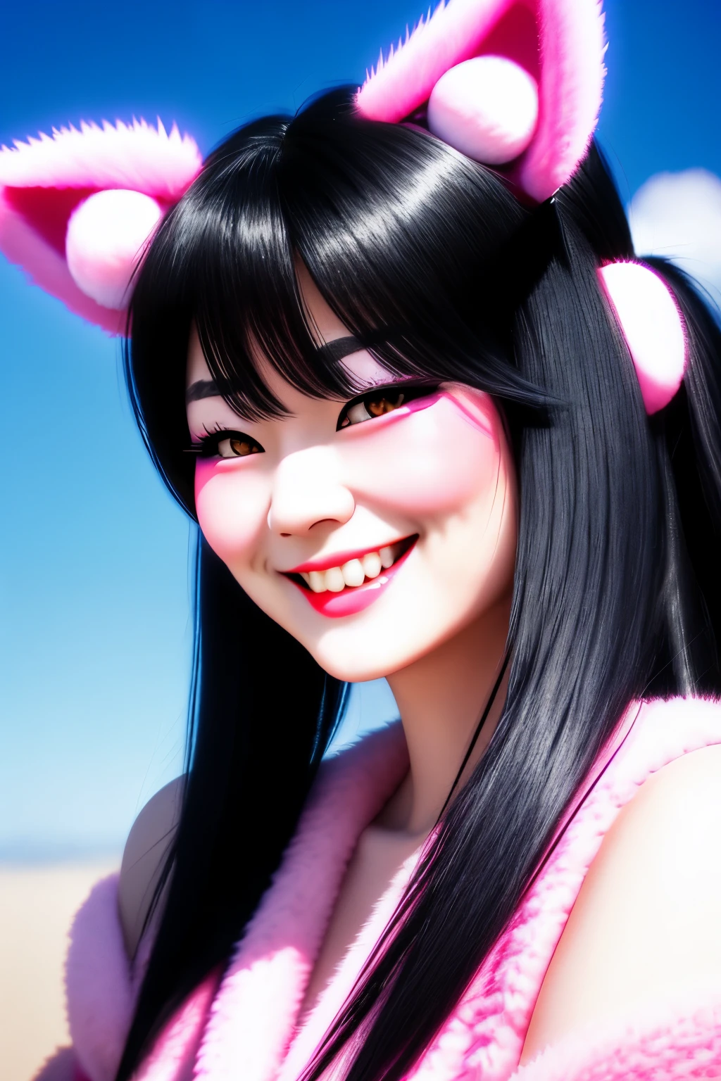 black hair, hair bobbles, wince, longeyelashes, solid circle eyes, fake animal ears, light smile, ear blush, fang, ccurate, Surrealism, drop shadow, anaglyph, stereogram, tachi-e, pov, atmospheric perspective, 8k, super detail, best quality