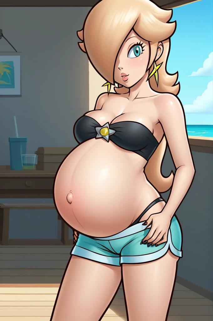 score_9, score_8_up, 1girl, solo, rosalina, style parody, thick outlines, black bikini, shorts, pregnant belly, sleeveless, strapless, cleavage, indoors, beach, black nails, complete body, perfect