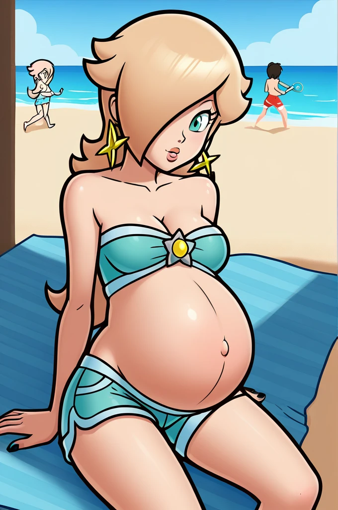 score_9, score_8_up, 1girl, solo, rosalina, style parody, thick outlines, black bikini, shorts, pregnant belly, sleeveless, strapless, cleavage, indoors, beach, black nails, complete body, perfect