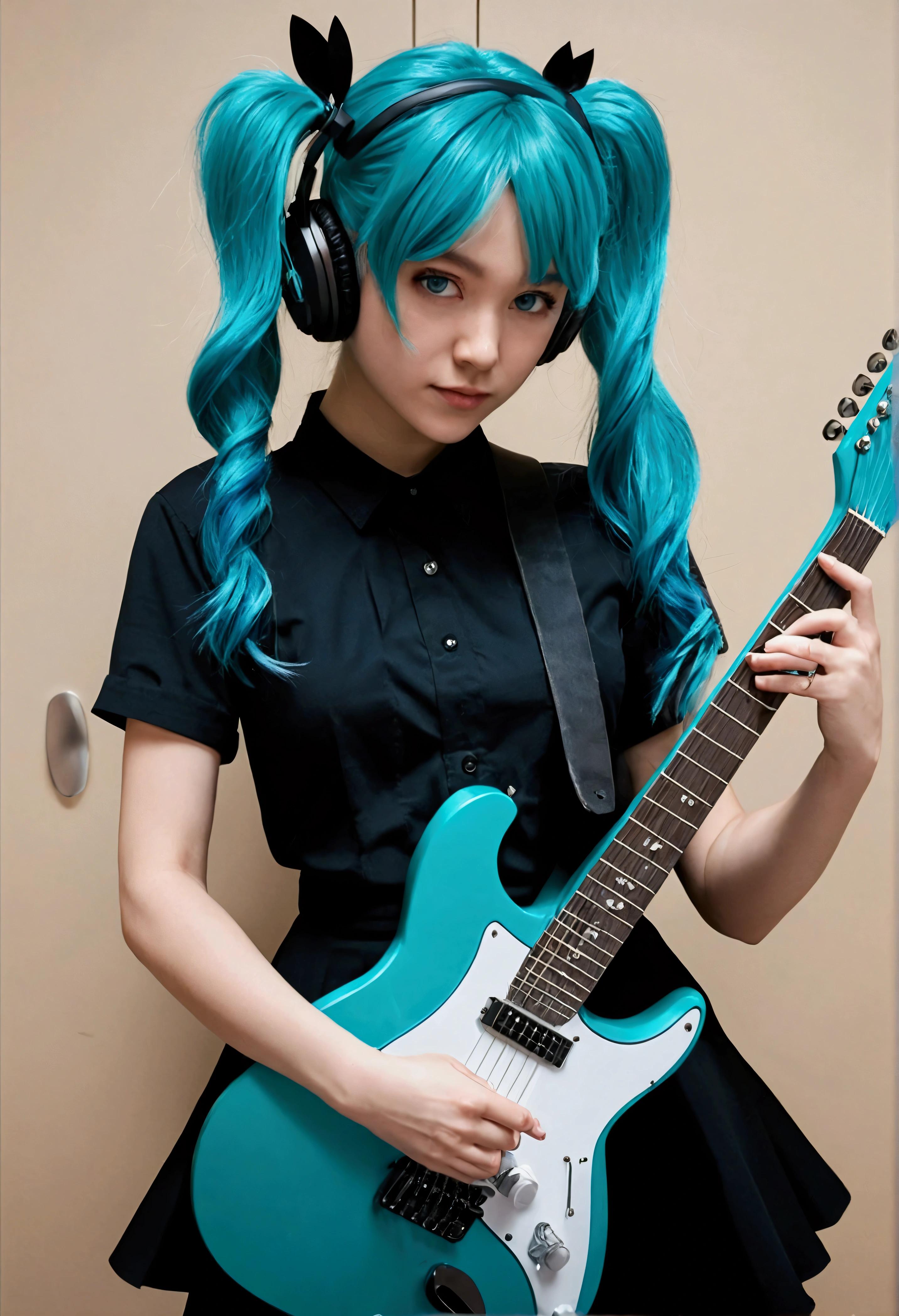 ((masterpiece, best quality))1girl, solo, black dress, blue eyes, electric guitar, guitar, headphones, double ponytail, holding, holding plectrum, instrument, long hair, music, one side up, teal hair, twin tails, playing guiter, pleated skirt, black shirt, interior