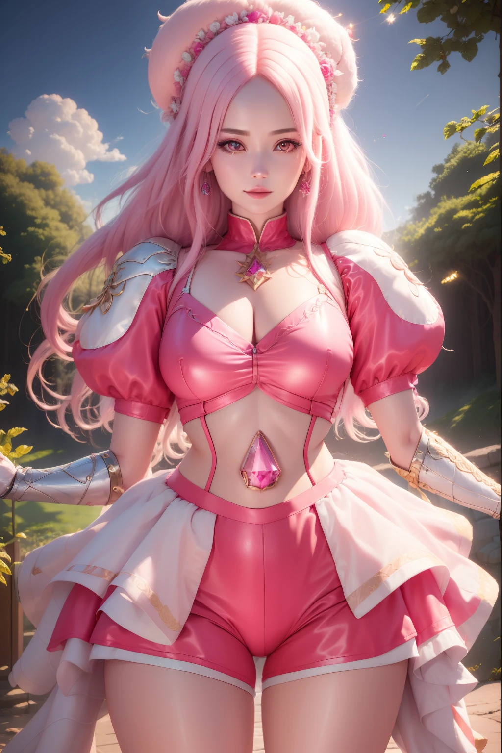 pnkdamond, pink hair, pink eyes, Long hair, stomach gem, pink skin, toned,
puffy short sleeves, elbow gloves , white thighs, Puffy dress,
standing, Upper part of the body,
outer space,
(incredibly detailed, beautiful detailed face,beautiful detailed eyes, masterpiece, Best Quality) cinematic lighting, smile,