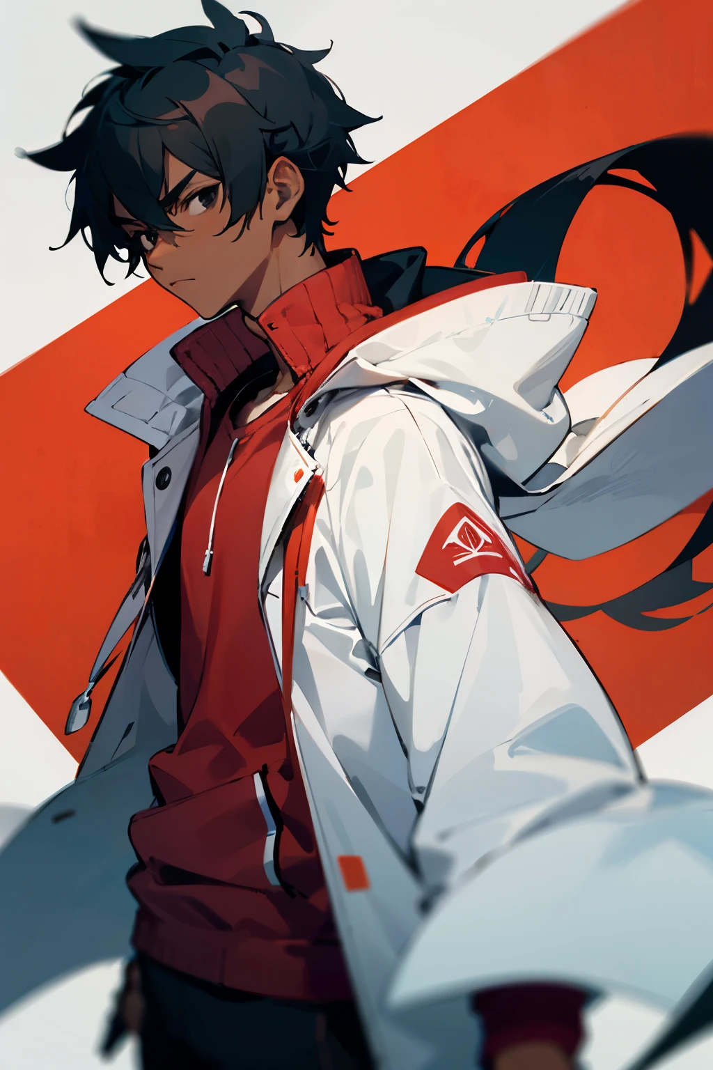1male, young, black eyes, black hair, middle length, darkskin, , white jacket, red sweatshirt, serious,