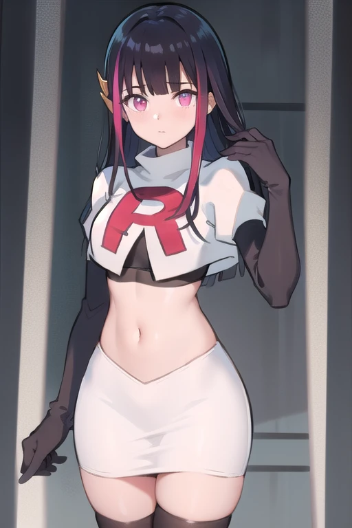 rouge redstar,1girl, black hair, solo, long hair, pink eyes,ear ornament, streaked hair, blunt bangs, looking at viewer,cowboy shot, team rocket,team rocket uniform,white skirt,red letter R,crop top,black thigh-highs,black elbow gloves, (best quality, masterpiece),
