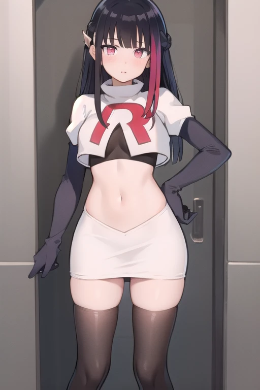 rouge redstar,1girl, black hair, solo, long hair, pink eyes,ear ornament, streaked hair, blunt bangs, looking at viewer,cowboy shot, team rocket,team rocket uniform,white skirt,red letter R,crop top,black thigh-highs,black elbow gloves, (best quality, masterpiece),