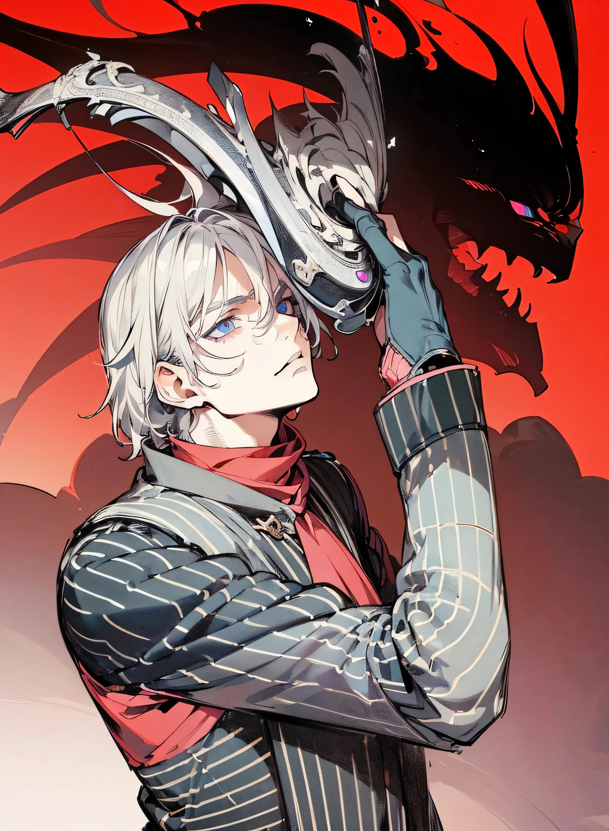 ((best quality)), ((masterpiece)), (detailed), 1male, Elegant man, mature face, serious face, purple pupils, detailed eyes, perfect eyes, perfect face, short silver hair, detailed hair. (top quality, 8k, high, masterpiece), standing proudly, black military uniform, sword, weapon, best quality, best resolution, black aura, best lighting.