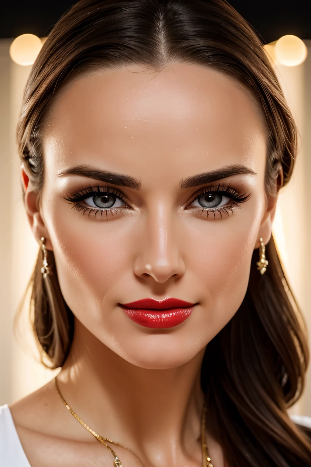 professional, ultra-realistic, ultra-detailed portrait of Martina Hingis that increases her beauty until she becomes an enormously beautiful woman, looking at the camera, penetrating, sexy, professional makeup, which increases her devastating beauty to the highest level, extraordinary, perfect, sublime face , dazzling for the camera, overwhelming beauty, red lipstick, eye shadow, false eyelashes that highlight her spectacular eyes, ultra-realistic, ultra-detailed, symmetrical, penetrating, sexy, irresistible for the camera, dress that highlights her clear skin,