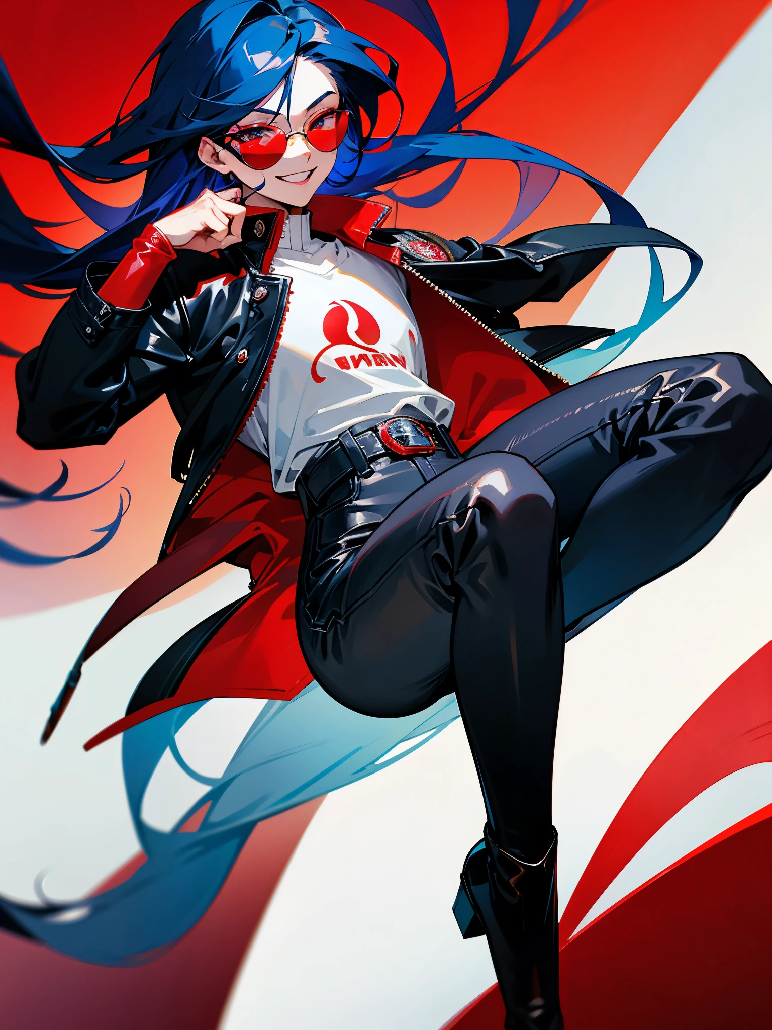 Anime boy, crimson eyes, detailed eyes, long eyelashes, dark blue hair with red gradient; long hair, red sunglasses with black lenses, happy, smiling with teeth, black leather jacket, short jacket, white shirt, dark blue jeans, leather ankle boots, heeled boots, gradient background