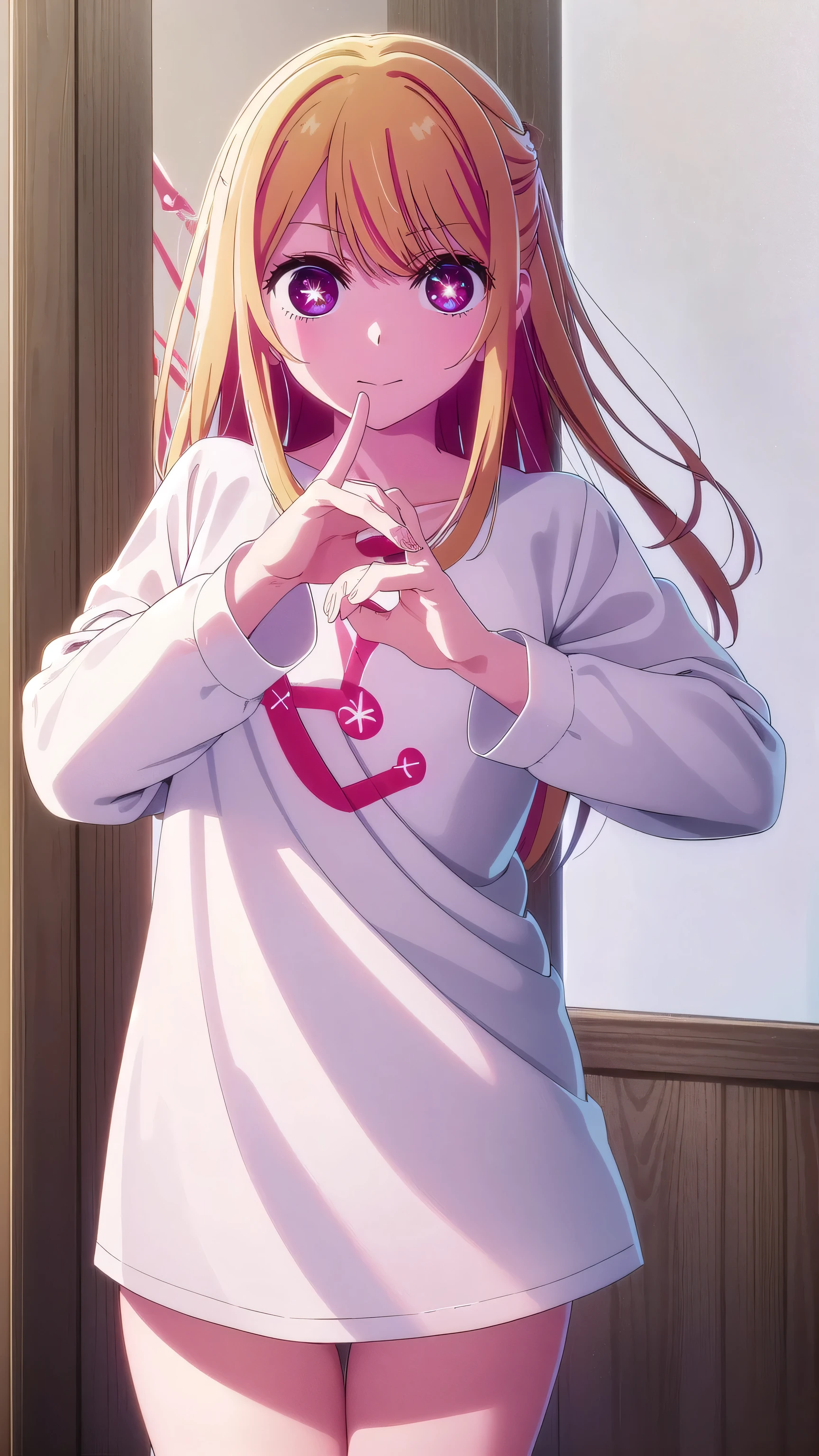 aihoshino, Ai Hoshino, Long Hair, bangs, (Ruby eyes:1.1), Yellow-colored hair, ((Symbol-shaped pupil:1.5)), smile,
break long sleeves, White shirt, ribbed White shirt キャミソール, White Camisole,Black mini skirt,
break indoors,
break looking at viewer, (Cowboy Shot:1.5),
break (masterpiece:1.2), Highest quality, High resolution, unity 8k wallpaper, (figure:0.8), (Beautiful attention to detail:1.6), Highly detailed face, Perfect lighting, Highly detailed CG, (Perfect hands, Perfect Anatomy),