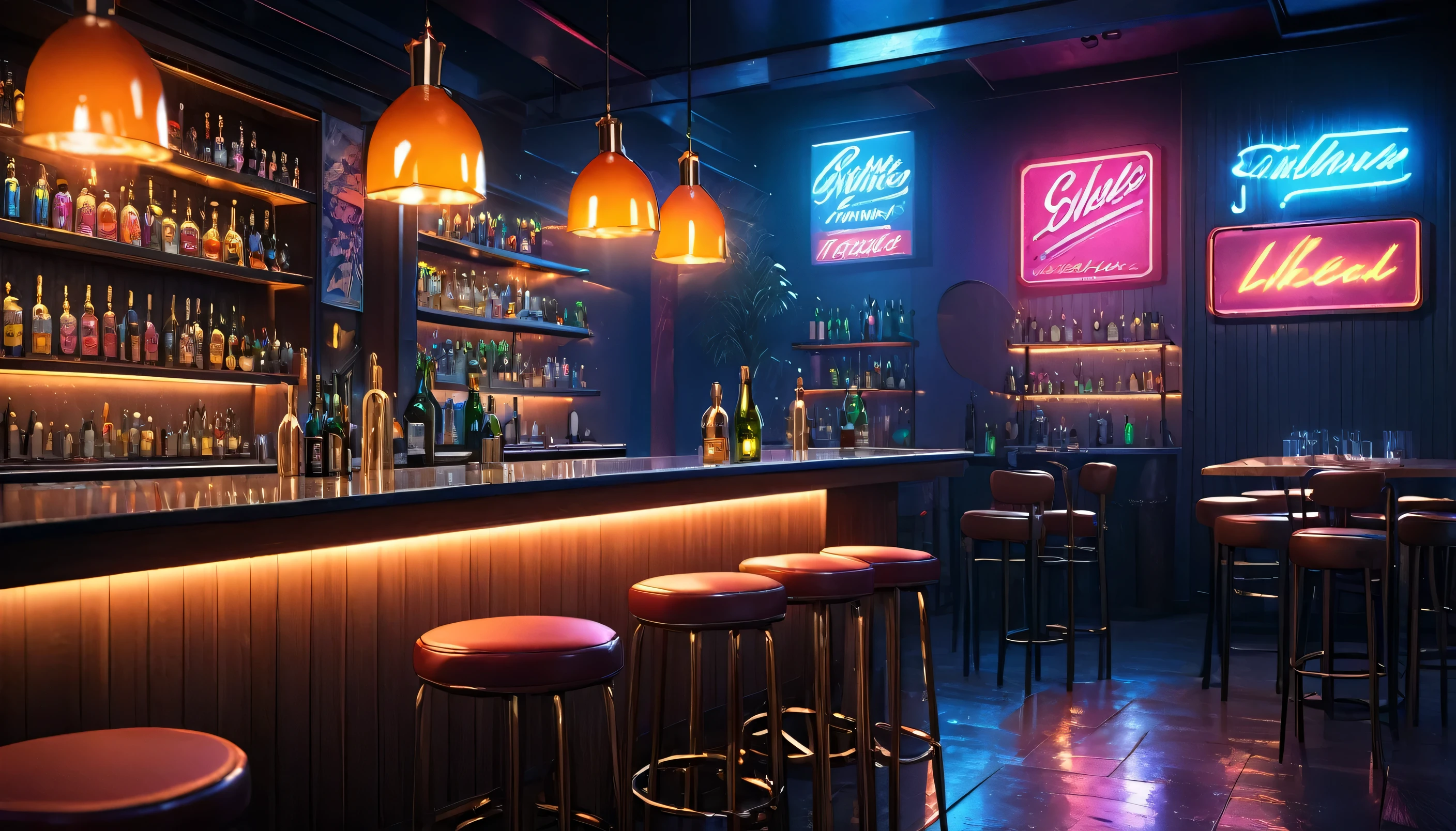 a high quality anime scene of an empty, stylish bar at night, moody lighting, empty stools, bottles on the counter, neon signs, atmospheric, vibrant colors, ultrarealistic, 8k, photorealistic, highly detailed, masterpiece