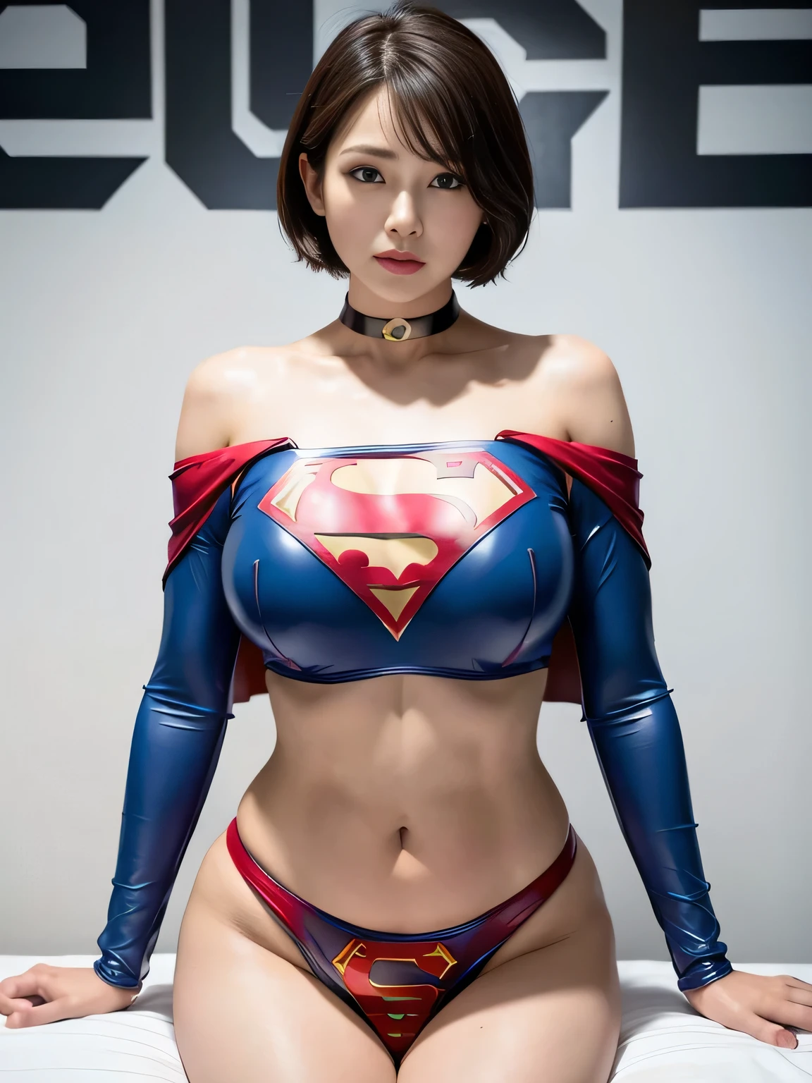 masterpiece、Rubber Supergirl Costume、Short Hair、Hospital operating table、Crisis situation、Big and ample breasts、looking at the camera、Shiny、Off the shoulder、choker、Long sleeve、exy poses to seduce、Sweaty skin、Model body type、Alluring、charm、Enchanting、Abused、test subject、victim、Wild、Photorealistic、latex、Expose your belly、athlete、High leg、Photo magazine cover、Cape、Enchanting、wallpaper for pc、