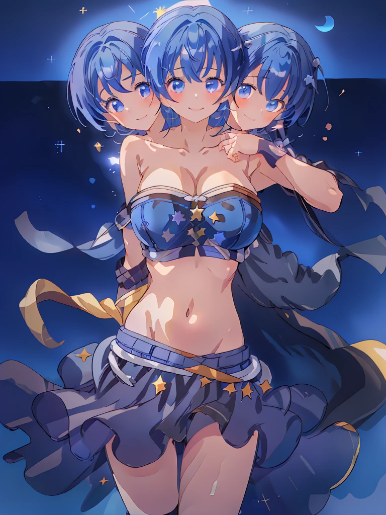 (masterpiece, best quality), best resolution, (3heads:1.5), 1girl, dark blue hair, fingerless gloves, smiling, soft smile, open belly, black-blue crop top, blue-black miniskirt, open breasts, humongous tits, huge , sexy pose, hair length until shoulders, headband, night sky background, nighttime, stars, starry sky,
