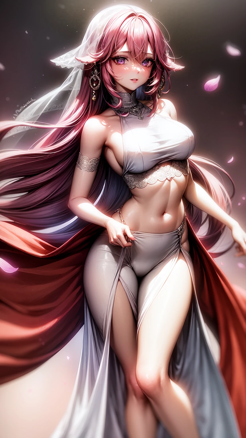 purple eyes,Wedding dress,long skirt,crop top,pink hair