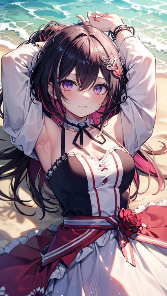(best quality:1.2), (ultra detailed:1.2),(masterpiece:1.2),(8k:1.2),azki_(hololive), 1girl, 独奏, multicolored hair, pink hair, purple eyes, black hair, hair between eyes, jewelry, x hair ornament, bangs, bracelet, very long hair, streaked hair, hairclip, large breasts,(Blessed,Captivating body、Ultra detailed hands、Ultra-detailed eyes、Ultra-detailed skin、ultra-detailed face,Detailed Background),One Girl、(sandy beach ,lie down,arms up:1.5), (craving, ecstasy:1.7),(off shoulder lace up dress:1.5)