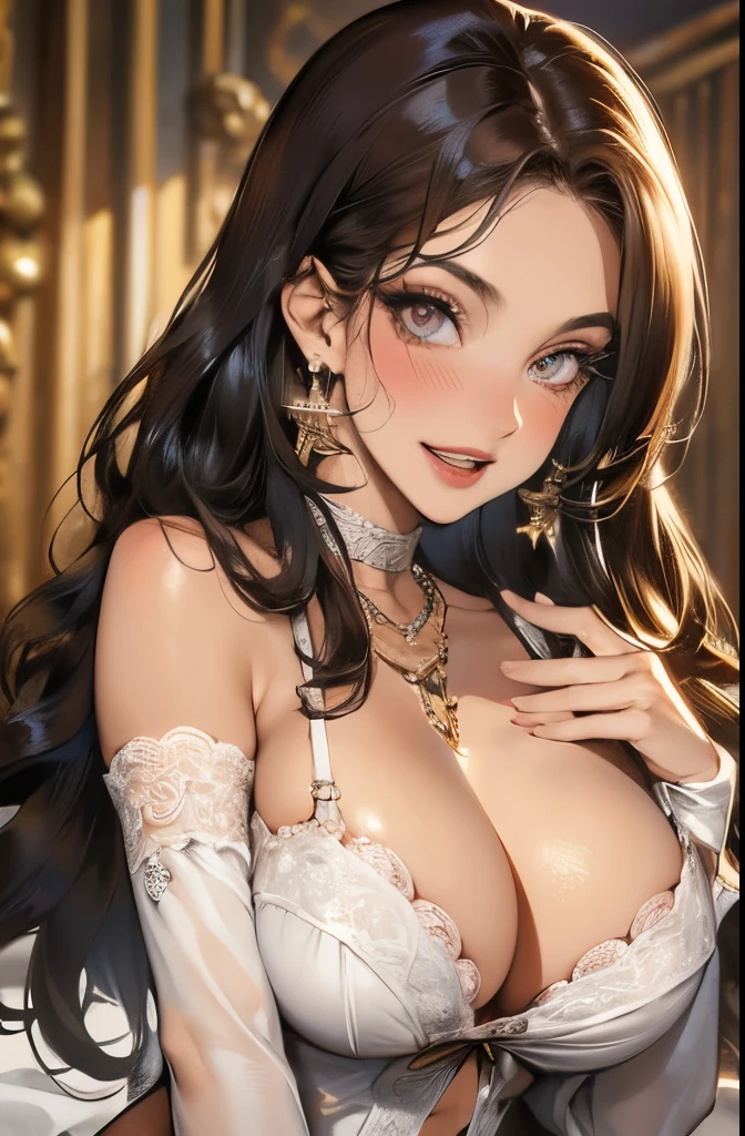 full body, extreme curls hair, luxurious hair, lustful eyes, open mouth smile, aroused 25 years old, playfully aroused, dripping with desire, busty cleavage, pajamas, slim waist, posing by the bed, coy smile with open parted lips, (blushing:1.3), looking lovingly at the viewer, seductive eyes, facing the viewer, bedroom background, champagne, in love (pov), loving gesture, loving gaze, loving eyes, glowing eyes, chocker, earrings, nsfw,