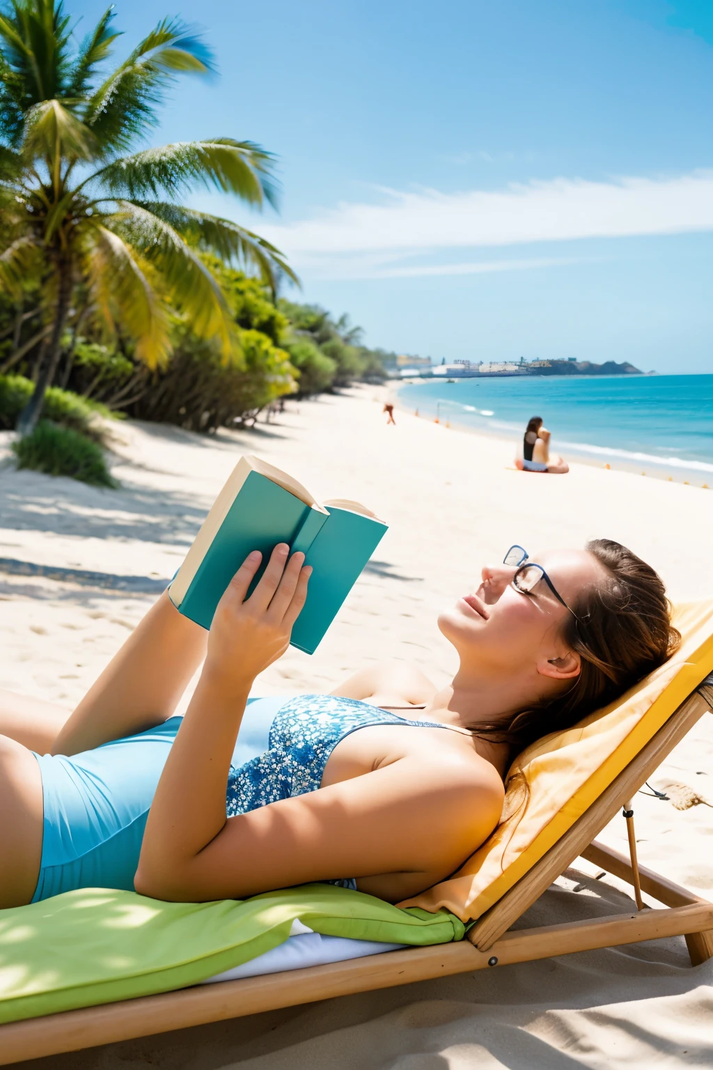 A person lying on the beach, relaxing and reading a book. Around the beach there are people swimming sunbathing 