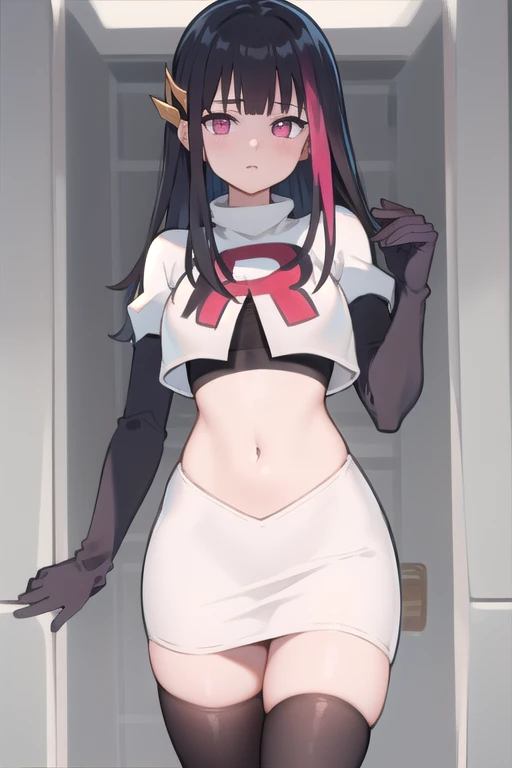 rouge redstar,1girl, black hair, solo, long hair, pink eyes,ear ornament, streaked hair, blunt bangs, looking at viewer,cowboy shot, team rocket,team rocket uniform,white skirt,red letter R,crop top,black thigh-highs,black elbow gloves, (best quality, masterpiece),