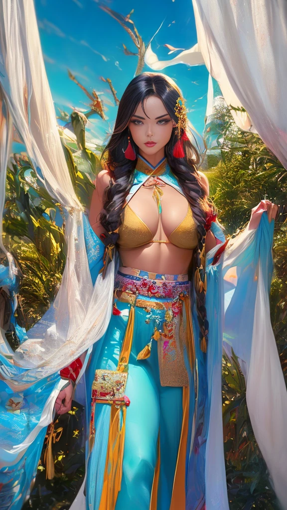 Official Art, Unified 36K Wallpapers, Ultra Detailed, Beautiful and Aesthetic, Masterpiece, Best Quality, (Zentangle, Tangle, Entangle), (fractal art: 1.4), (character center: 1.3), 1woman, brunette hair, Latina Adult model Daisy Marie, off-the-shoulders, short short skirt, calf, navel, very detailed, dynamic angle, cowboyshot, (most beautiful form of chaos), ethereal, (bright colors), oc, (half: 1.2), china, (thangka flying sky: 1.5), (ribbon: 1.3), (dream: 1.5), (Curtain hanfu: 1.5), Chinese dragon, Chinese phoenix, (smile: 0.5), ( Chinese deities),