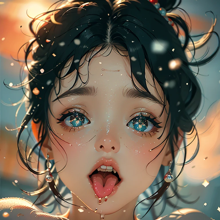 ExtremelyDetailed Kawaii girl Face,(Close-up Sweet lips), glossy lips with beautiful details, Coquettish tongue, Kissing to camera, towards the viewer, 8K TopQuality masterpiece,an extremely delicate and beautiful (ProfessionalPhoto:1.37), {Amazing|finely detail|official art|incredibly absurdres},ultra-detailed close-up shot, close up, (fish eye lens), wide lens, macro lens, Detailed reflective Eyes ElaboratePupils with (sparkling highlights:1.28) (Delicate Voluminous LongEyelashes:0.88), {(Tilted face:1.22)|Visible back of throat|saliva drips|naked shoulder}, (Dripping juice on tongue:1.23) snow particles
