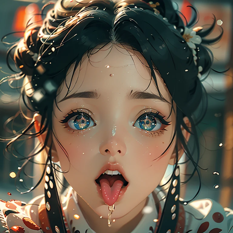 ExtremelyDetailed Kawaii girl Face,(Close-up Sweet lips), glossy lips with beautiful details, Coquettish tongue, Kissing to camera, towards the viewer, 8K TopQuality masterpiece,an extremely delicate and beautiful (ProfessionalPhoto:1.37), {Amazing|finely detail|official art|incredibly absurdres},ultra-detailed close-up shot, close up, (fish eye lens), wide lens, macro lens, Detailed reflective Eyes ElaboratePupils with (sparkling highlights:1.28) (Delicate Voluminous LongEyelashes:0.88), {(Tilted face:1.22)|Visible back of throat|saliva drips|naked shoulder}, (Dripping juice on tongue:1.23) snow particles
