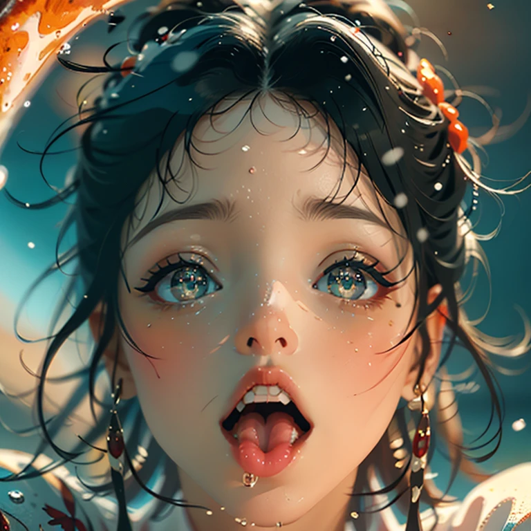 ExtremelyDetailed Kawaii girl Face,(Close-up Sweet lips), glossy lips with beautiful details, Coquettish tongue, Kissing to camera, towards the viewer, 8K TopQuality masterpiece,an extremely delicate and beautiful (ProfessionalPhoto:1.37), {Amazing|finely detail|official art|incredibly absurdres},ultra-detailed close-up shot, close up, (fish eye lens), wide lens, macro lens, Detailed reflective Eyes ElaboratePupils with (sparkling highlights:1.28) (Delicate Voluminous LongEyelashes:0.88), {(Tilted face:1.22)|Visible back of throat|saliva drips|naked shoulder}, (Dripping juice on tongue:1.23) snow particles
