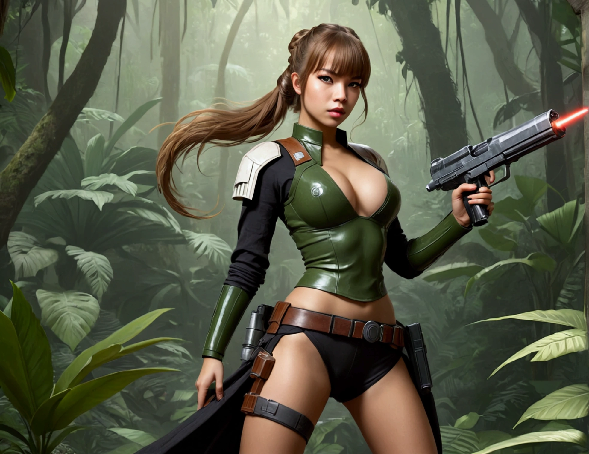Star Wars (Lalisa Manobal, age 25, sexy combat outfit, very detailed blaster pistol) is a Rebel mercenary raiding an imperial convoy in a jungle. Action pose
