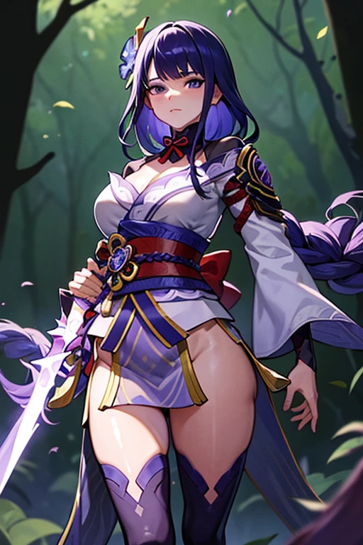 A charming and gentle General Raiden standing sadly in a mysterious forest and holding a sword