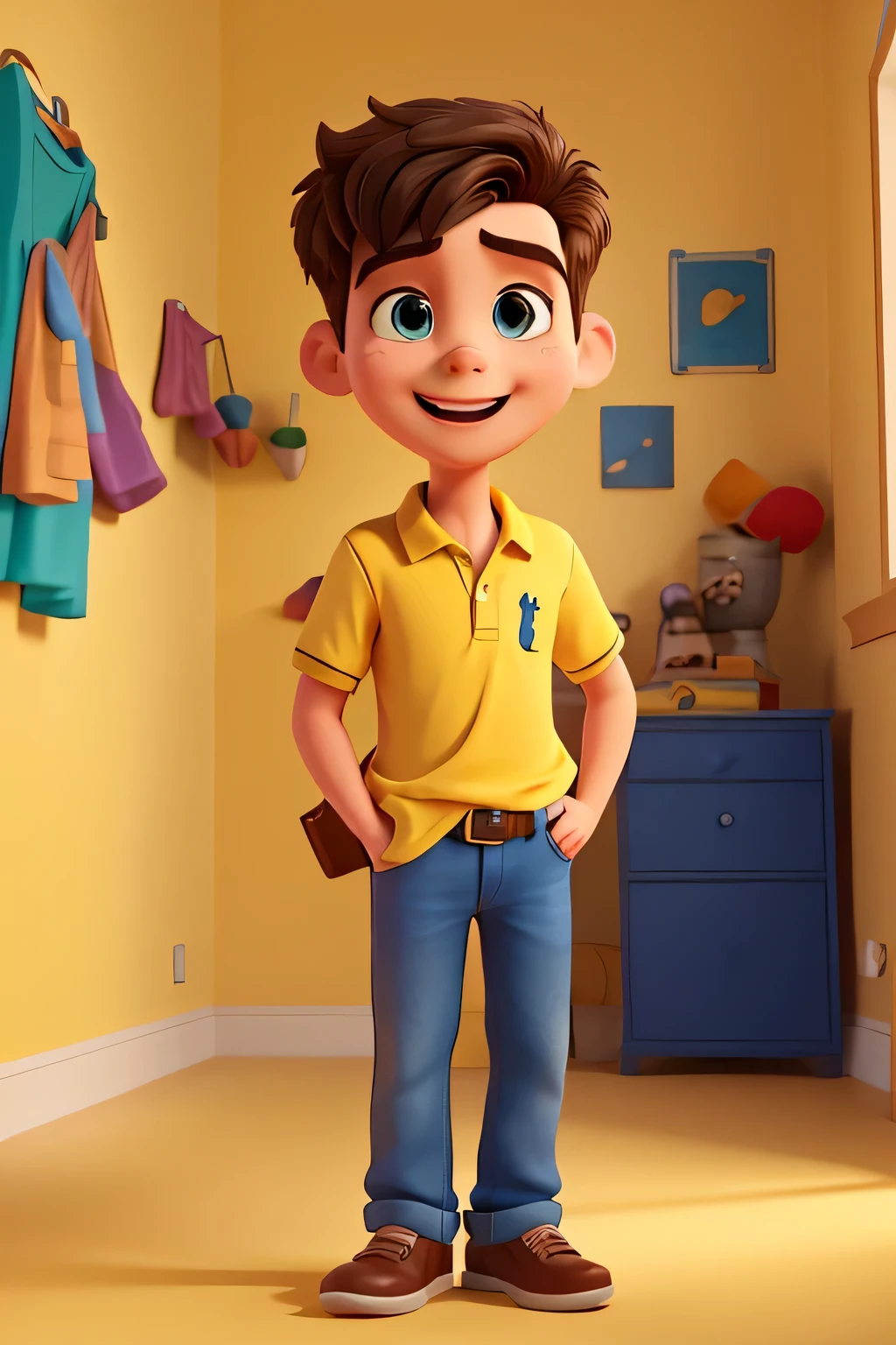 In a surprising setting, an attractive young man lies on a vivid yellow background, wearing a radiant blue polo shirt and playing with the camera. your eyes shine with joy, while a funny Pixar-style animation fills the scene. Ao redor dela, a 3D rendered cartoon full of vivid details impresses, creating an environment of irrepressible humor. The young man keeps a happy expression, expressing your spontaneity and joy