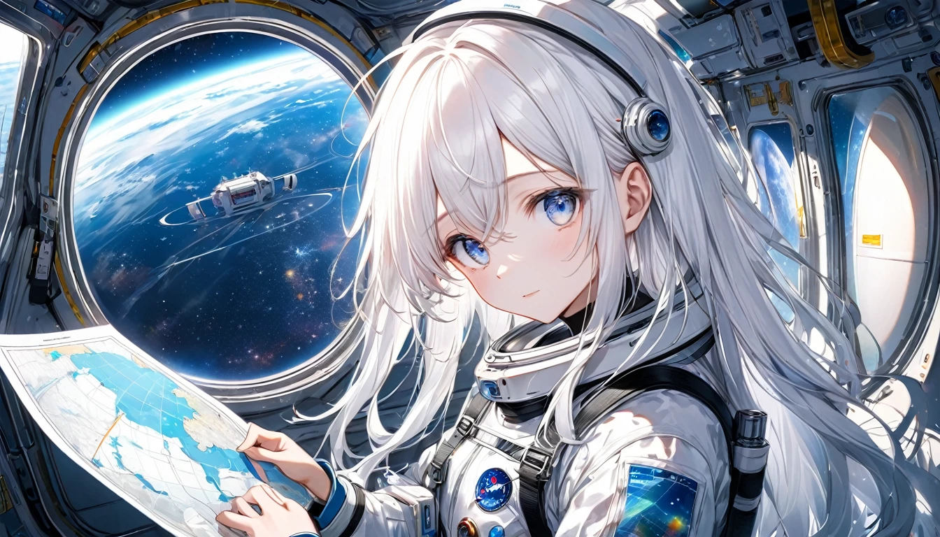 **72. One person。mysterious。Long-haired white-haired girl。Cowboy shot or close-up。
masterpiece , best quality , ultra detailed**
- background: Inside the space station、star々View window。
- Long-haired white-haired girl: A delicately drawn space suit、Transparent Eyes。He has a holographic map in his hand.。
- Effects: Light emitted from the holographic map、A view of the universe in the background。