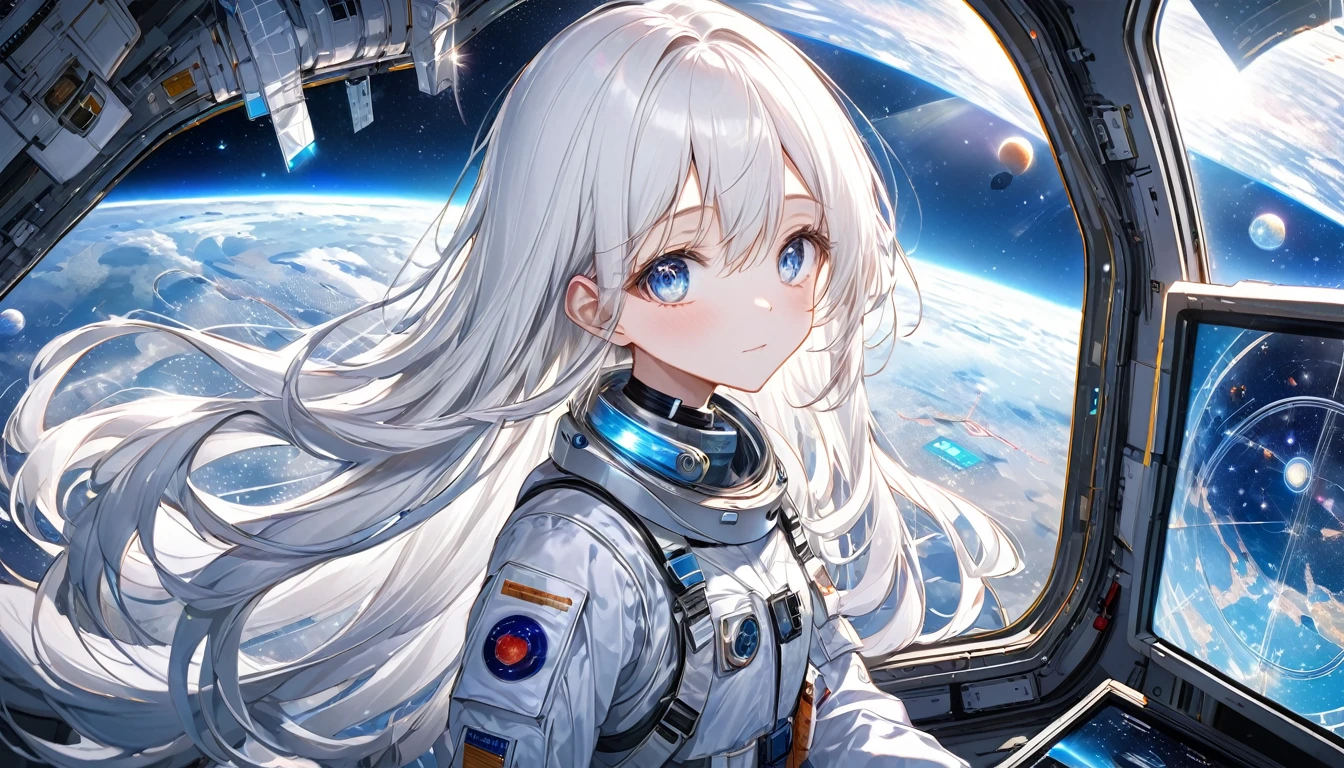 **72. One person。mysterious。Long-haired white-haired girl。Cowboy shot or close-up。
masterpiece , best quality , ultra detailed**
- background: Inside the space station、star々View window。
- Long-haired white-haired girl: A delicately drawn space suit、Transparent Eyes。He has a holographic map in his hand.。
- Effects: Light emitted from the holographic map、A view of the universe in the background。
