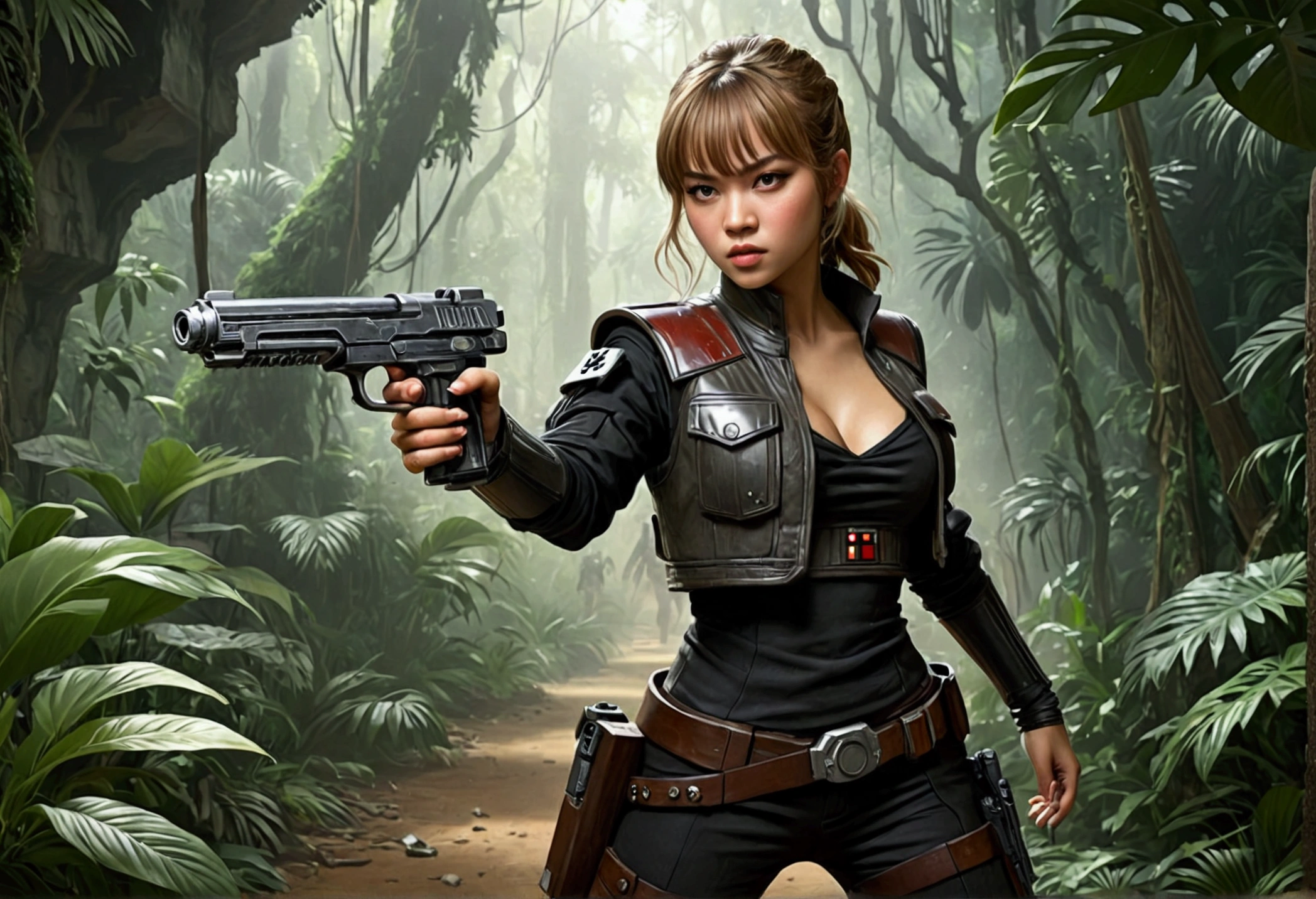 Star Wars (Lalisa Manobal, age 25, sexy combat outfit, very detailed blaster pistol) is a Rebel mercenary raiding an imperial convoy in a jungle. Action pose