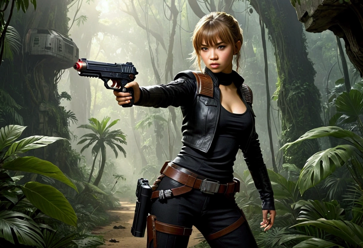 Star Wars (Lalisa Manobal, age 25, sexy combat outfit, very detailed blaster pistol) is a Rebel mercenary raiding an imperial convoy in a jungle. Action pose

