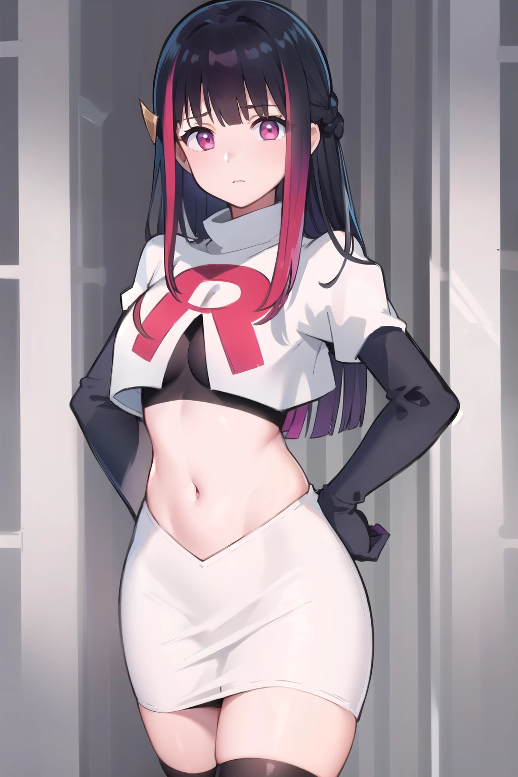 rouge redstar,1girl, black hair, solo, long hair, pink eyes,ear ornament, streaked hair, blunt bangs, looking at viewer,cowboy shot, team rocket,team rocket uniform,white skirt,red letter R,crop top,black thigh-highs,black elbow gloves, (best quality, masterpiece),