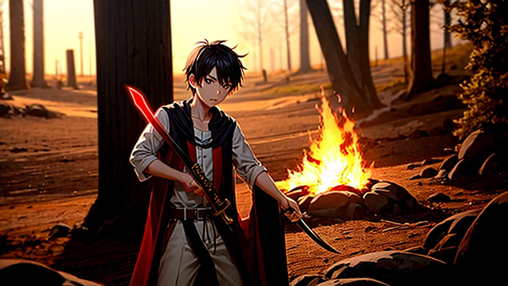 a boy holding fire sword