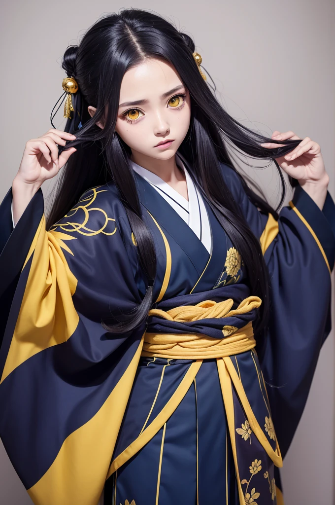 Kizi, Kimetsu no Yaiba, oc, yellow  eyes, falling, kimono, blue clothing color, long  hair, brave expression, 's uniform, アニメ, 