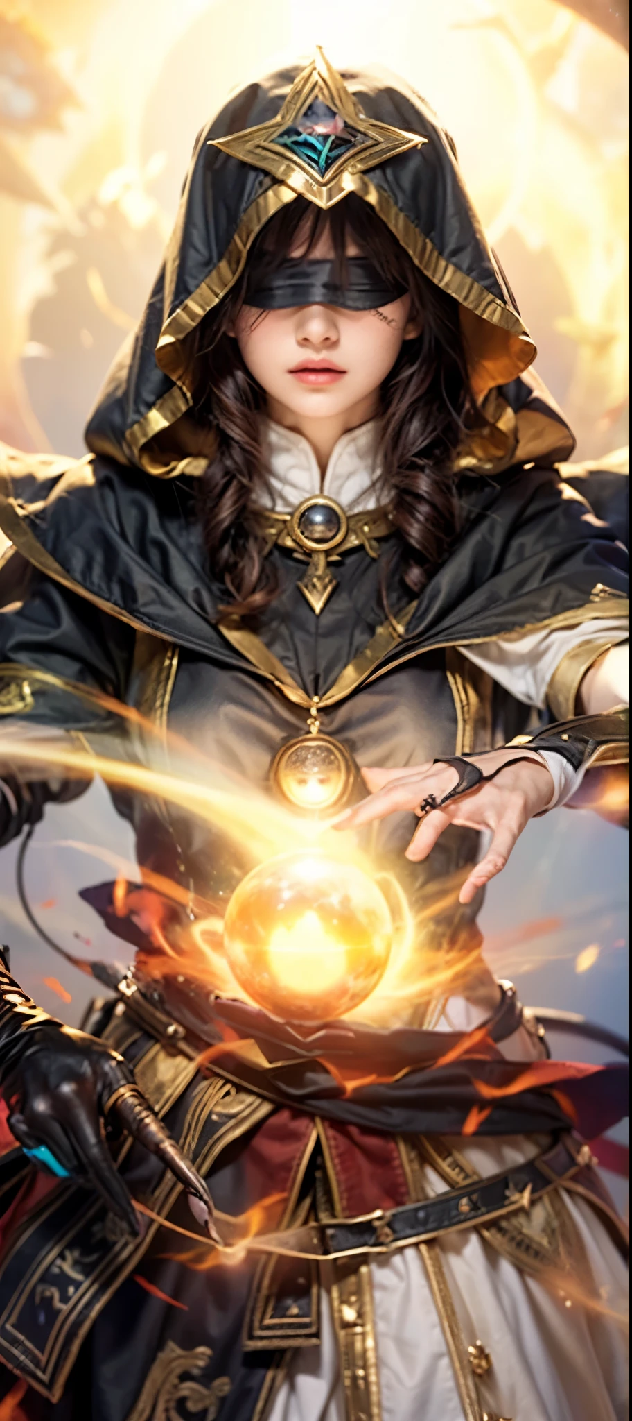 a close up of a girl witch in a hoodie holding a black-reddish gold energy ball around which it forms a vortex, (around the energy ball there is a black-red wind rotating around the energy ball), (energy ball perfection),The up and down hand pose seems to collect energy in the energy ball, (right hand wears black magic gloves, left hand uses white magic gloves), ((portrait of a female mage, female mage)), artgerm ultra-detailed, (portrait of a mage, female mage conjuring a spell), female mage!!!, half invoker half megumin, maya ali as a lightning mage, female wizard, archmage, maya ali as a d&d sorcerer, (Using a blindfold in the form of a cloth: 1.35), (using a head covering with an eye symbol in the middle), (fingers shape detailed:1.35), (Perfection of finger poses: 1.35), ((fix her fingers again!!!))